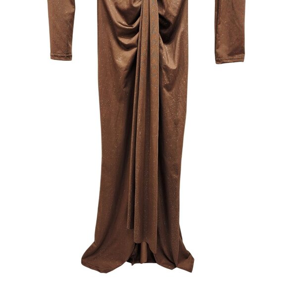Brown Long-Sleeve Ruched Knot Front Maxi Dress Glitter Accents Deep V Neck SZ M - Picture 6 of 10